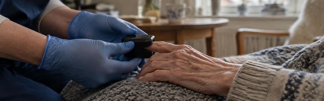 Vårdare med blå nitrilhandskar som sätter en pulsoximeter på fingret hos en äldre person i hemmet