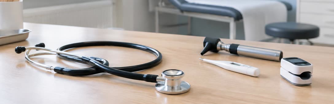 Stetoskop, otoskop, termometer och pulsoximeter på ett skrivbord i ett undersökningsrum