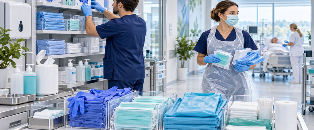 Vårdpersonal fyller på förråd med handskar, munskydd, skyddsförkläden och handdesinfektion
