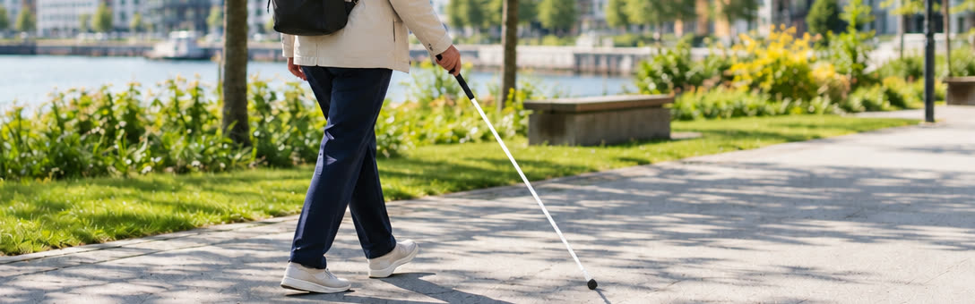 Person som går på en gångväg vid vattnet med vit markeringskäpp