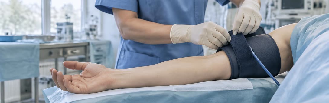 Sjuksköterska som fäster en blodtomhetsmanschett på en patients överarm före handkirurgi
