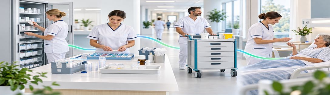 Sjuksköterskor hanterar läkemedel vid medicinskåp och dosetter på en vårdavdelning