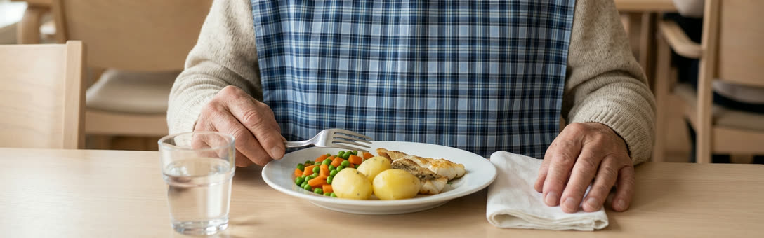 Äldre man vid lunchbordet med en blårutig tvättbar haklapp