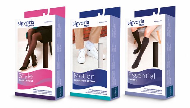 SIGVARIS förpackningar med knähöga och lårhöga medicinska kompressionsstrumpor: Style, Motion och Essential.