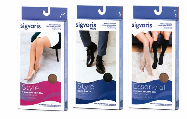 SIGVARIS förpackningar med kompressionsstrumpor i öppen och sluten tå: Style transparent, Style elegans och Essential naturfiber.