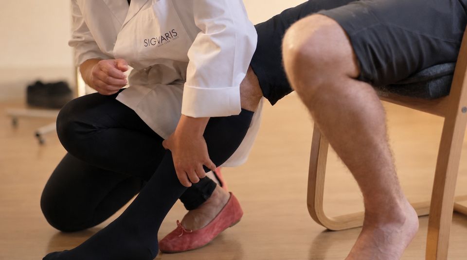 Vårdpersonal i SIGVARIS-förkläde provar ut medicinsk kompressionsstrumpa på en patient.
